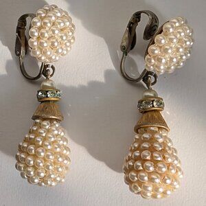 Vintage Faux Pearl,Rhinestone, Gold Tone Drop Earrings